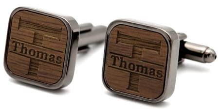 NaturSchatulle Manschettenknöpfe Herren Holz Gravur Individuell Anfangsbuchstabe Namen 1 Paar Schwarz Manschettenknopf Eckig Hochzeit Anzug Männer Cufflinks for Men