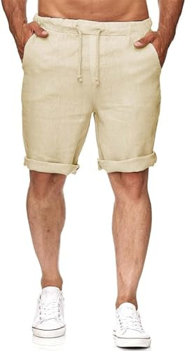 Runcati herr, linneshorts, bermudashorts, korta byxor, lätta sommarshorts, elastiskt band, fritidsbyxor med 2 fickor