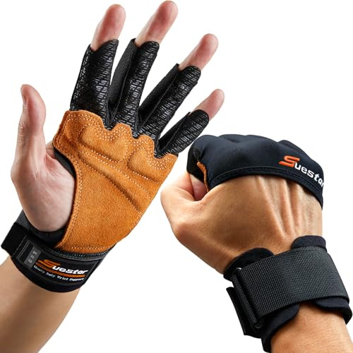 SueStar Heavy Duty Cowhide Padded Weight Lifting Gloves with Wrist Support, Full Palm Protection & Silicone Grips for Weightlifting, Deadlifts, Exercise, Black, Medium