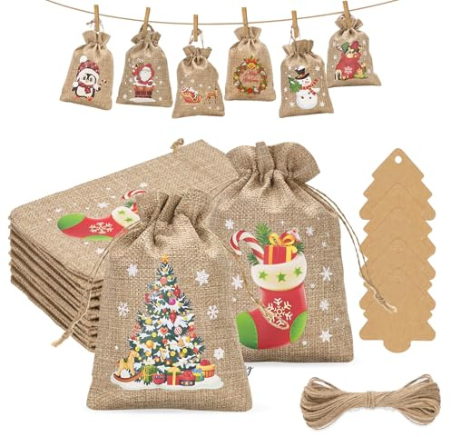 G2PLUS 24PCS Calendario de Adviento para Rellenar: 13x18cm bolsas para calendario de Adviento-diseño muñeco de nieve y motivos navideños+24 Etiquetas del árbol y cordel,reutilizables