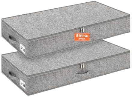 punemi 5 inches High Low Profile Under Bed Storage, Underbed Storage Containers With Sturdy Sidewalls & Bottom, Slim Under Couch Sofa Storage, Shallow Clothes Storage Bins, 2Pack, Grey