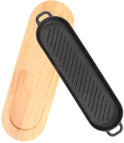 PRETYZOOM Sartén De Hierro Fundido Para Parrilla Plato Para Servir Carne Con Base De Madera Para Barbacoa Sartén Para Filetes Plato Para Pescado Parrilla