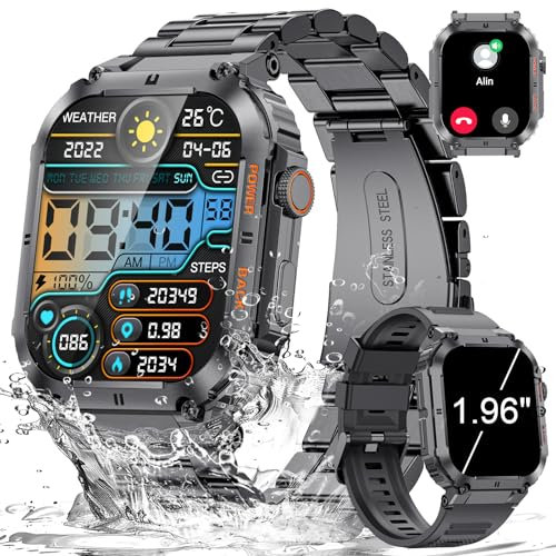 Ethelred Relojes inteligentes militares para hombre con (contestar/hacer llamadas), batería grande de 400 mAh, 1.96 pulgadas DH, reloj inteligente impermeable de 5 ATM, más de 120 modos deportivos,