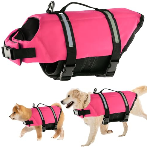 Giubbotto di Salvataggio per Cani, FainFun Giubbotto di Salvataggio per Cane Arancia, Giubbotto Salvagente per Cane, di Dimensioni Regolabili, con Forte Galleggiamento e Maniglia (Rosa, L)