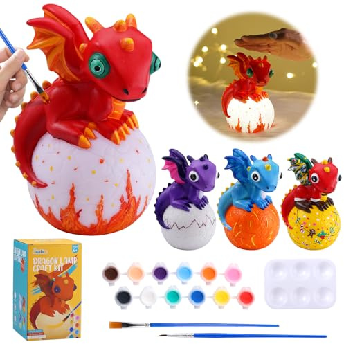 JMMICO Paint Your Own Dragon Lamp Craft Kit, Painting Kits for Kids Ages 4-8, DIY Dragon Craft Night Light with 12 Colors Paint, Arts and Crafts for Kids Ages 6-14,Pat-pat Drawing Toys Birthday Gift