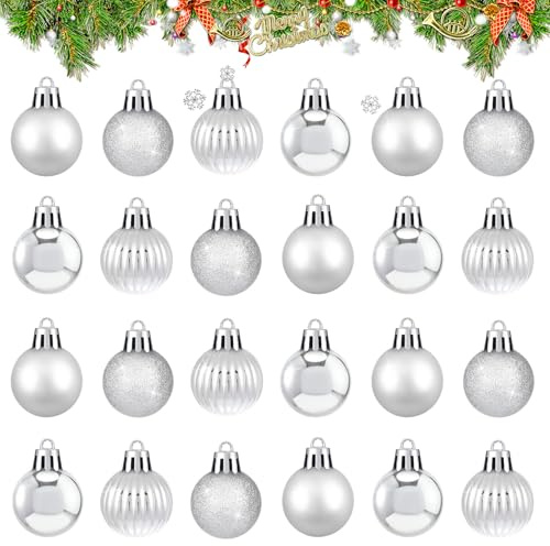 Forbabe set med 24 stycken julgranskulor i silver, 3 cm, minijulgranskulor med hängande ögla, matt, glittrande, julgransprydnad av plast, juldekorationer, dekoration för inomhus och utomhus