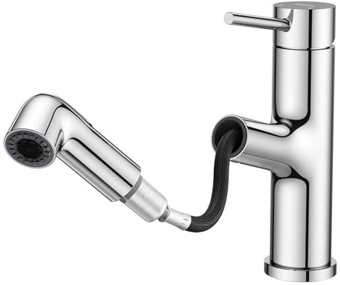 HURRAN Rubinetto da Bagno Estraibile, Miscelatore Monocomando per Lavabo con 2 Modalità, Rubinetto per Lavello da Utilizzo Generale, Acciaio Inox, Cromo