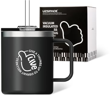 UZSPACE Resemugg med handtag – isolerad kaffekopp 500 ml – termisk mugg för varma eller kalla drycker – återanvändbara kaffekoppar med sugrör, svart