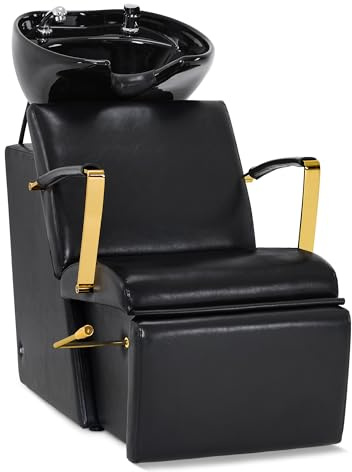 Barberpub Sedia da parrucchiere con lavabo, barbiere, lavandino da parrucchiere in ceramica, regolabile, per salone SPA, supporto per gambe pieghevole, 8670GBK