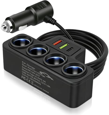 Sdoppiatore Accendisigari Auto 7 IN 1, 120W Presa Accendisigari 12V, Caricatore Auto USB C, Stazione di Ricarica Rapida con Voltmetro & Interruttori Sicurezza, Adatto per Telefoni Tablet GPS Dash Cam