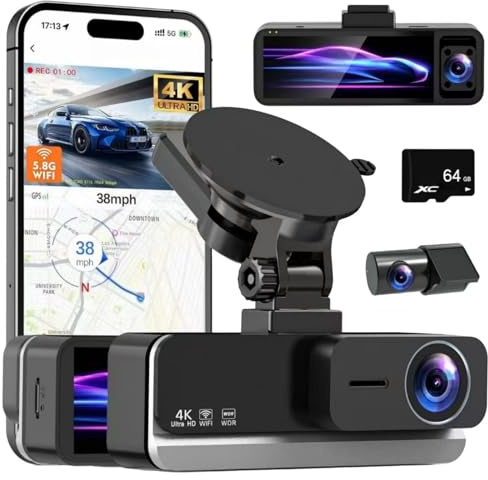 EMEBAY Bilkamera För Bil 3 Kanaler 4K+2.5K+2.5K, Inspelning Fram, Bak och Inne, 5.8GHz WiFi GPS, IR Nattsyn, 64GB-kort, G-sensor, Parkering 24H, Inbyggd Bilkamera