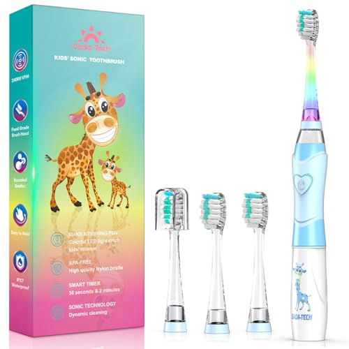 Dada-Tech Kids Electric Toothbrush 3-5-6-12, Toddler Toothbrush Girls Electric Toothbrush with Timer Rainbow LED Light Up Sonic Battery Powered Junior Childrens Tooth Brush(Blue Giraffe)