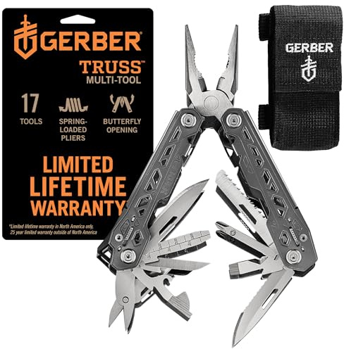 Gerber Gear Truss 17-in-1 EDC Needle Nose Pliers Multi tool - includes Pocket Knife, Screwdriver, and Bottle Opener Accessories - Gifts for Men, Fishing and Camping Gear - Gray with Standard Sheath