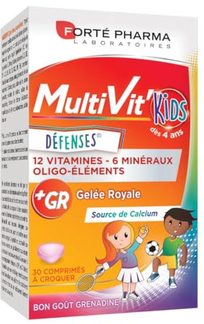 Forté Pharma - Multivit Kids | Complément Alimentaire Enfant dès 4 ans - 12 Vitamines et 6 Minéraux - Gelée Royale, Calcium, Fer, Chrome, Vitamine C - Fatigue | 30 comprimés à croquer, 1-2/jour