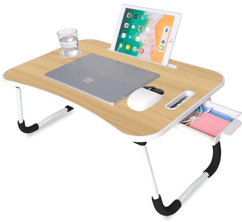 unycos - Vassoio per la Colazione e da Letto【60x40x26 cm】Tavolo Pieghevole con Leggio, Supporto Multifunzionale per Computer Portatile, Tablet, Lavorare, Leggere (Noce con Cassetto)
