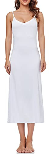Summienlink Women's Long Full Slip for Under Dresses V Neck Nightgown Sexy Cami Dress (White, Medium)