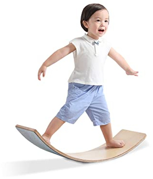 COSTWAY Planche d'Equilibre 90 x 40cm avec Feutre Gris, Balance Boards Incurvée en Bois Naturel, Charge 220KG pour Yoga, Sport et Physiothérapie à la Maison, Adultes et Enfants