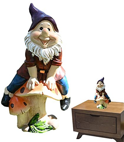 MUMIAO Gnomi da giardino all'aperto divertenti, gnomo seduto sui funghi giardino statua nano ornamento | creativo nano giardino statua fungo gnomo scultura in resina per patio cortile prato