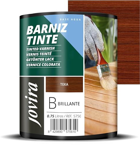 Getönter Lack auf Wasserbasis, glänzendes Aussehen. Speziell für das Beizen und Lackieren von Holz. (750 Milliliter, Teak)