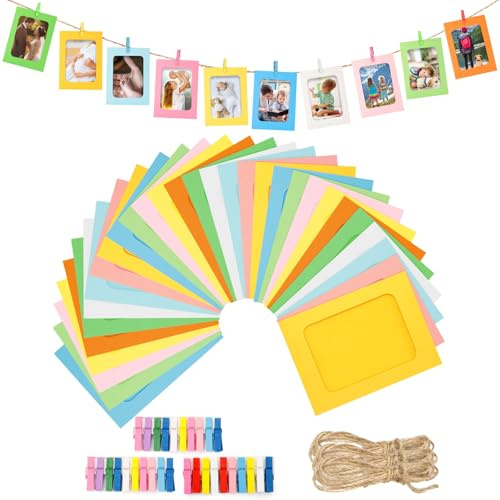 Anwyll 30Pcs Paper Picture Frames - 4x6'' Colorful Paper Photo Frames Cardboard Picture Frames with Clip and String DIY Clip Photo Holders Photo Hanging Display Kit Wall Decor for Home Party Office