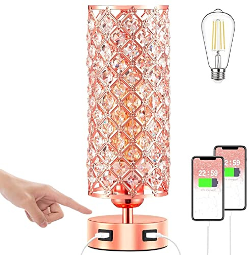 Brabola Crystal Table Lamps, Rose Gold Touch Desk Lamp Bedside Pink Lamp with 2 USB Charging Port Nightstand Night Light Room Decor for Bedroom, Kids Room, Home Office, Living Room,Bar, Restaurant