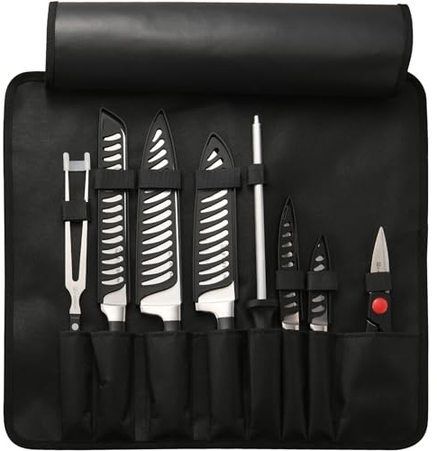 KATISUN Knife Set Roll Bag, 8 Pieces German High Carbon Stainless Steel Chef Knives with Hollow Handle, Portable Knife Roll Storage Bag, Blade Guards, Kitchen Shears for Outdoor Camping Travel