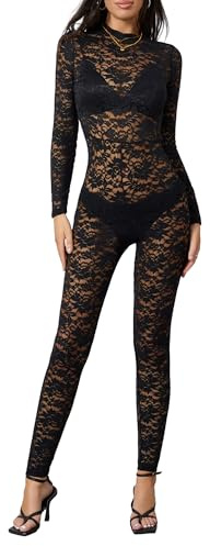 Dubute Overol sexy de encaje transparente para mujer, pantalones largos, bodycon, ropa de club, Negro a, M