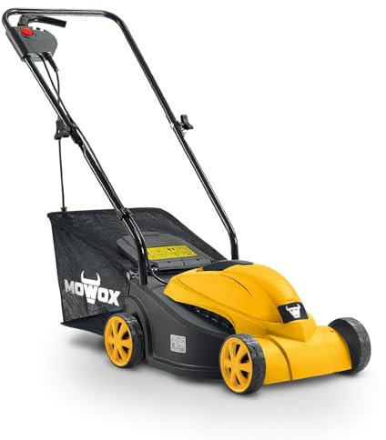 MOWOX POWER Small Electric Lawnmower, 1000 W 32 cm Cutting Width, 3-Postion Height Adjustment, Foldable Handlebar, 30L Grass Bag Lawn Mower