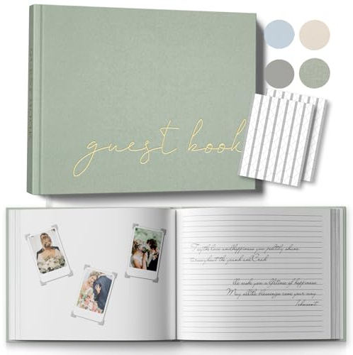 Wedding Guest Book for Memorial Service, Half Blank and Lined Guestbook Alternative with Table Sign, 108 Polaroid Photo Corners Stickers, Baby Shower, 100 Pages - Sage 8x10”