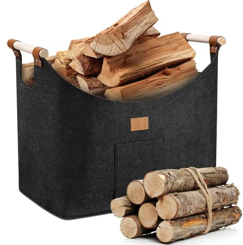 MZJAUVF Borsa In Feltro per Legna da Ardere, 96LCesto Portalegna, Pieghevole Borsa Porta Legna, Cesta Legnas Camino con Tasca Laterale, Cesta Porta Legnas, 60x40x40Cesta Legnas da Interno,Grigio Scuro