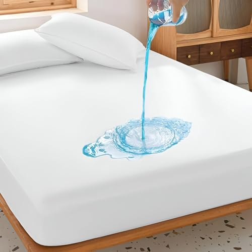 1 Pc Fitted Style RV King 72 x 80 Waterproof Mattress Protector, 100% Terry Cotton, Soft, Breathable, Noiseless Fits Upto 15 Deep Mattress Suitable for RV Bunk, Camping Beds, White