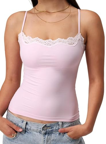 Springcmy Women's Sexy Square Neck Lace Trim Cami Tank Tops Fitted Sleeveless Crop Spaghetti Strap Summer Y2k Tops Camisole (Pink, M)