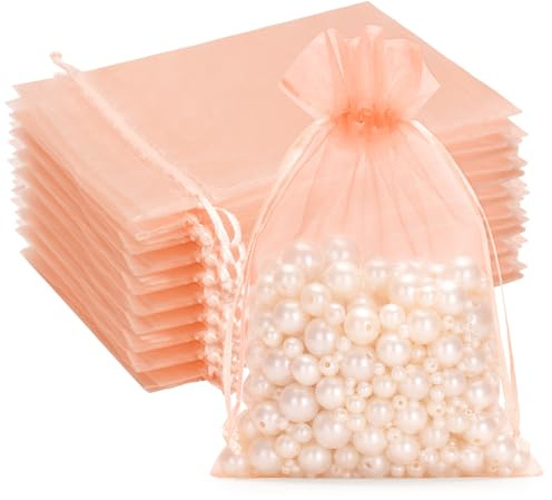 G2PLUS Peach Pink Organza Gift Pouches 13x18 cm: Medium Favor Bags, 50 PCS | Wedding Jewelry Bags, Clear Mesh Pouches Perfect for Wedding, Christmas, Birthday, Anniversary