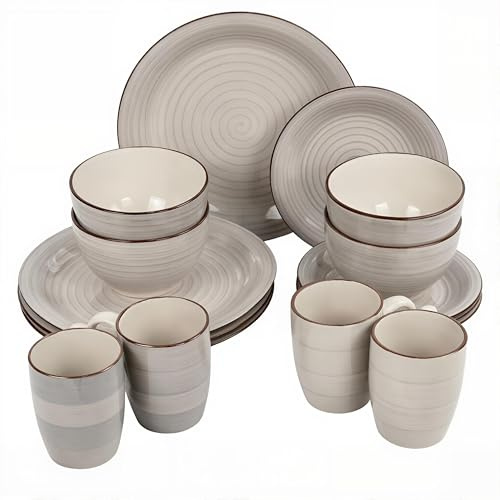 DIVCHI 16 Piece Dinnerware Set Kitchen Dinner Sets For 4 | Dessert Plates | Cereal Bowls | Mugs | Side Plate | Tableware | Combination Sets (Round Dinnerware Set, Grey)