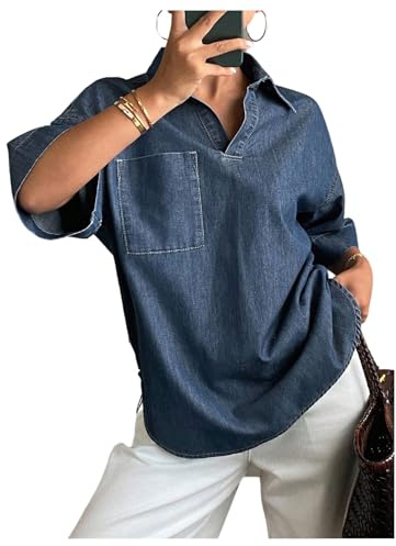 Milumia Women's Short Sleeve Denim Blouse Collar V Neck Oversized Jean Shirt Tops with Pockets Blue Medium