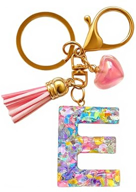 HUANGPIXL Initial letter Keychains for Girls Women Tassel Heart Charm Pink Purple Blue Cute Alphabet Keychain for Backpack Bag (E-Pink)