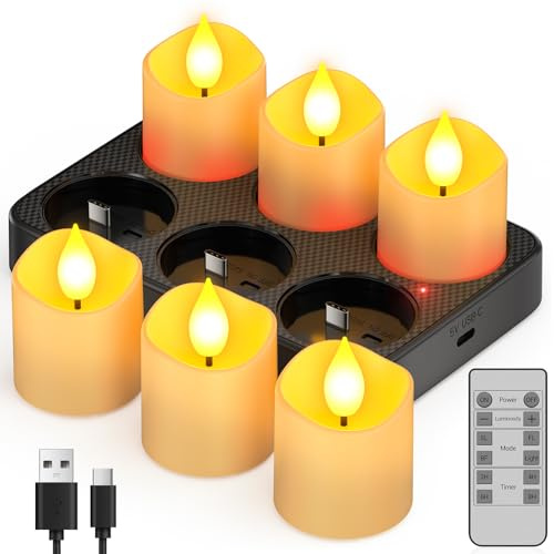 Ymenow Lot de 6 bougies chauffe-plat rechargeables avec minuterie à distance et station de charge, bougies chauffe-plat LED électriques sans flamme vacillantes pour décoration de mariage, maison