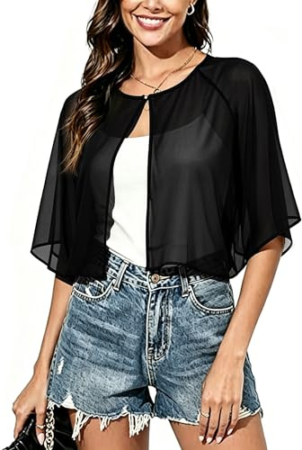 Vossmi Cardigan Elégant Boléro Court Femme Veste Top Manches Évasées 3/4 Bolero Femme Chic et Elegant Chic pour Robe Bretelle Mariage
