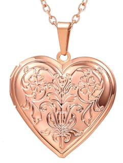 U7 Collier Médaillon Photo Femme Plaqué Or Rose Chaîne Pendentif Coeur avec Motif Gravures Fleurs