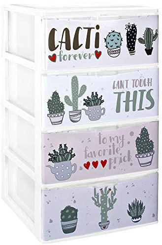 TODO HOGAR - Cajonera Apilable Plastico - Modelo Iris - Cajonera con Decorado Cactus (380 x370 x626 mm)
