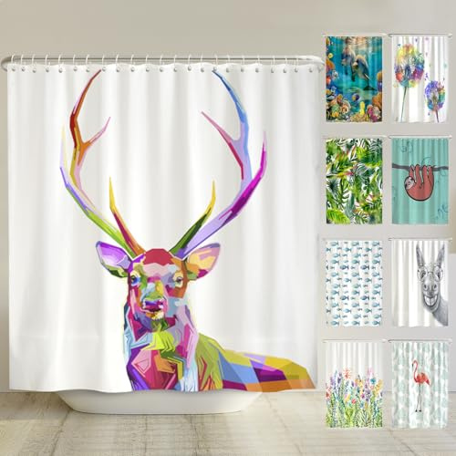 arteneur® - Bunter Hirsch - Anti-Schimmel Duschvorhang 240x200 - Recycelt mit Öko-Tex Standard 100 - Beschwerter Saum, Blickdicht, Wasserdicht, Waschbar, 16 Ringe & E-Book