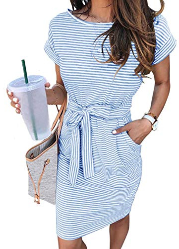 MEROKEETY Women's 2026 Summer Casual T Shirt Dress Short Sleeve Striped Tie Waist Work Vacation Trendy Short Dresses, Blue, XL