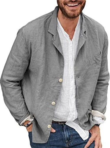 Onsoyours Giacca da Uomo in Lino Casual Blazer da Uomo Slim Fit Blazer 3 Button Suit Cappotto Solid Casual Outerwear Tops Tinta Unita Grigio M