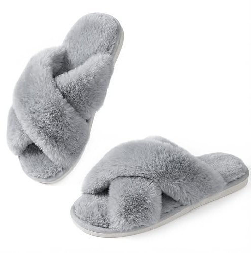 Ankis Women's Grey Fuzzy Fluffy Slippers Size 5-12 Memory Foam Cross Band Open Toe Anti-Slide Indoor/Outdoor Slippers