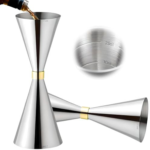 Delgeo Jigger-Spirit da Cocktail in Acciaio Inossidabile, Misurino per Bevande da Barista Professionale, Misurino Singolo/Doppio con Segno di Scala Integrato: 25/50ml (Argento)