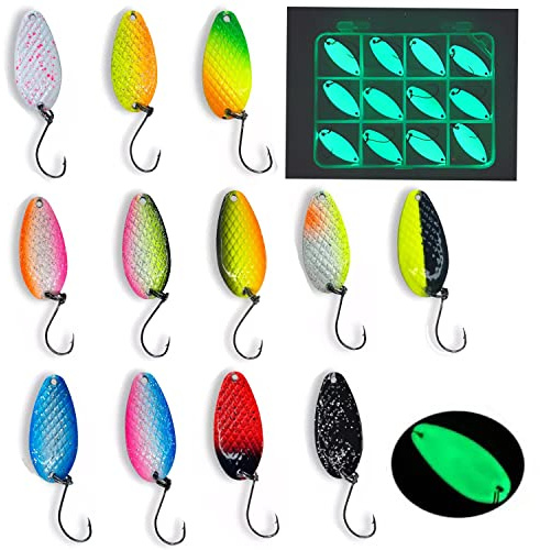 Njord Kalastus Novità di Messeneuheit 2022,Set di 12 spoon per trote attive e luminescenti, con scatola,Set di esche per la pesca Spoons trota (3 g,3 cm)