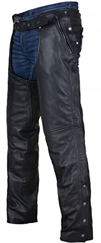 Dream Apparel Chaparreras Negras de Cuero para Motocicleta para Hombres y Mujeres con Forro de Cremallera, Pantalones Vaqueros con Cuatro Bolsillos, Negro -, Medium