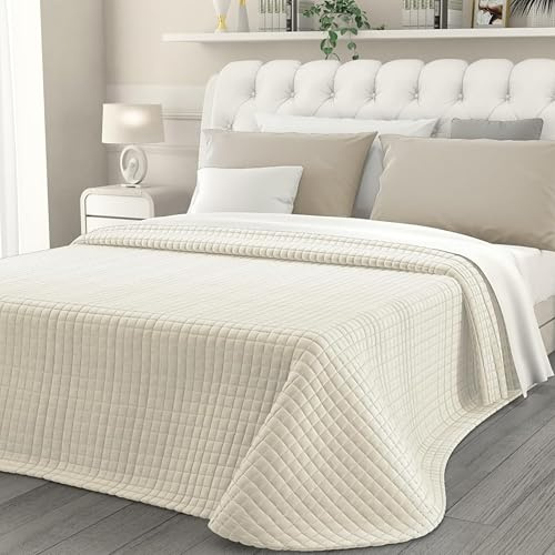 CLARA HOME Trapuntino Matrimoniale Colore Panna, Copriletto in Velluto Cinigliato Manopesca, Trapunta Leggera Mezza Stagione, Copriletto Trapuntato, Made in Italy