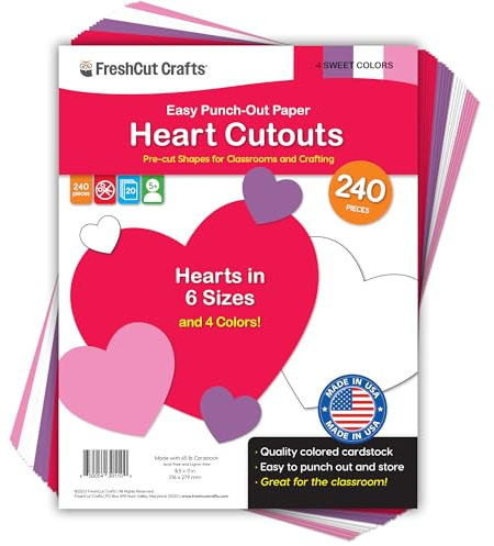 FreshCut Crafts 240 Pieces Heart Paper Cutouts, 2-Sided US Made Card Stock Punch Out Sweet Colored Hearts for Valentine’s Day Crafts, Bulletin Boards, Classroom Decor, and Posters 4 Sweet Colors