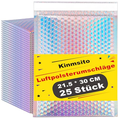 Kinmsito 25 Stück Poly Bubble Mailer,Luftpolsterumschläge Holographisch,Selbstklebende Gepolsterte Umschläge,Versandtaschen mit Luftpolsterfolie,Briefumschläge Bubble Mailers für Verpackung(21,5x30cm)